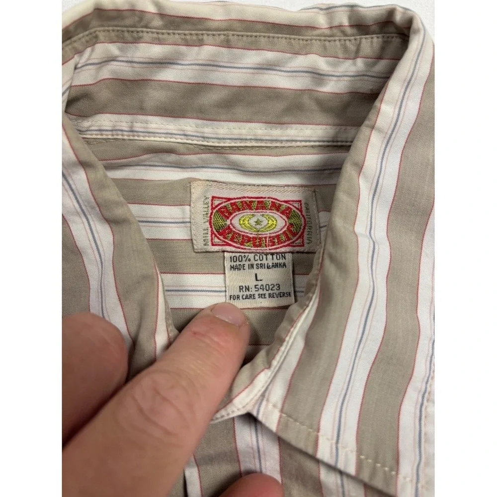 Banana Republic Mens Large Beige Striped Cotton Short Sleeve Button Down Shirt